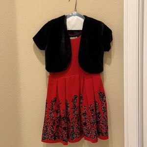 Girl’s Red Sparkly Christmas Dress and Black Fur Short-Sleeved Jacket. Size 12.